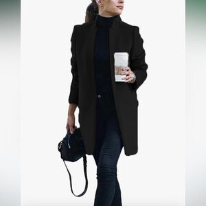 Omoone Notch Collar Slim Fit Open Front Jacket/Long Blazer Black XL Pockets NWT